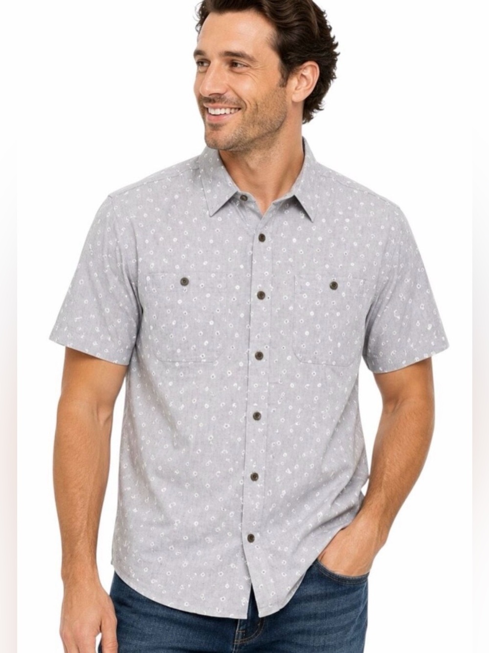 Patagonia Back Step Shirt Medium Gray Floral NWOT short sleeve button down